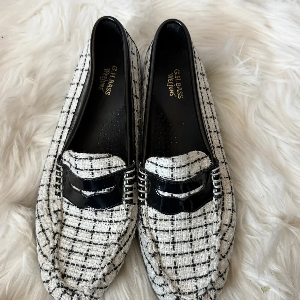 GH Bass Whitney Weejun Loafers Black White Tweed Penny Loafer BAX3W015 Womens 9M